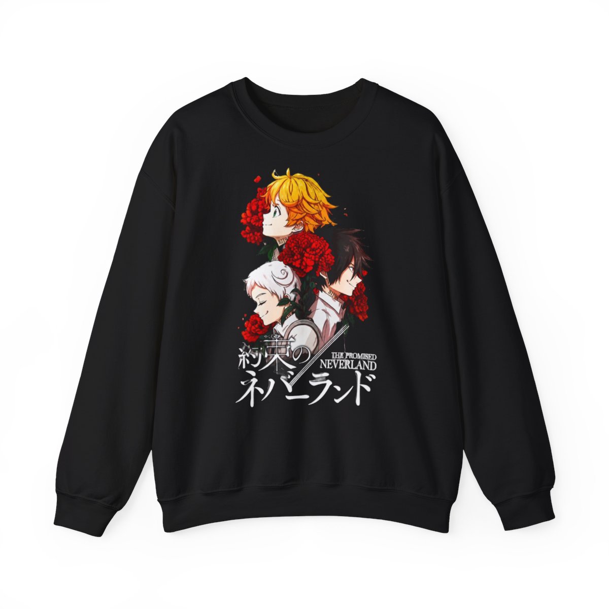 Emma, Ray and Norman from the anime The Promised Neverland! Crewneck T-Shirts - alternate angle 3, merchandise